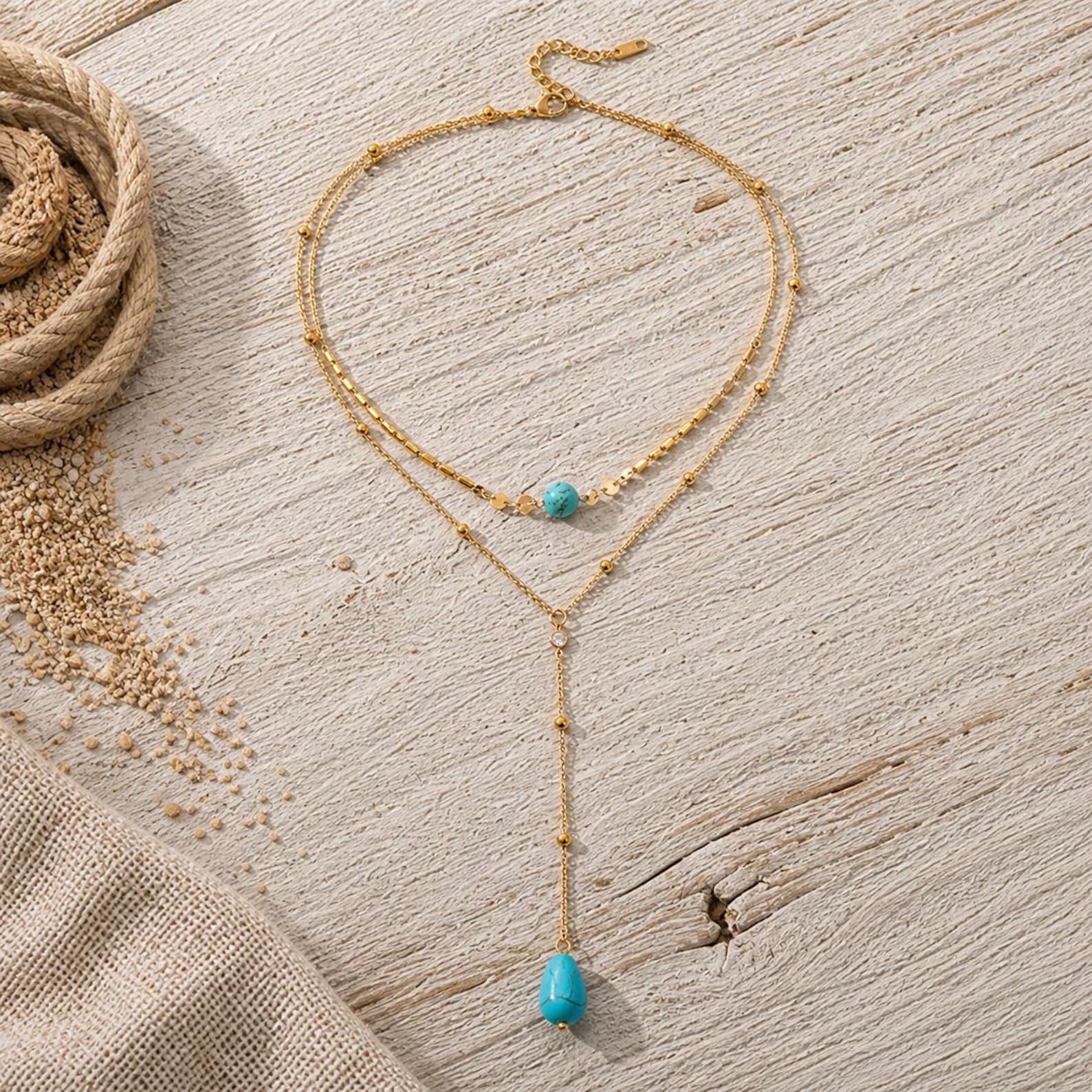 Layered Turquoise Lariat Necklace — Sunlit Layers, Ocean Calm
