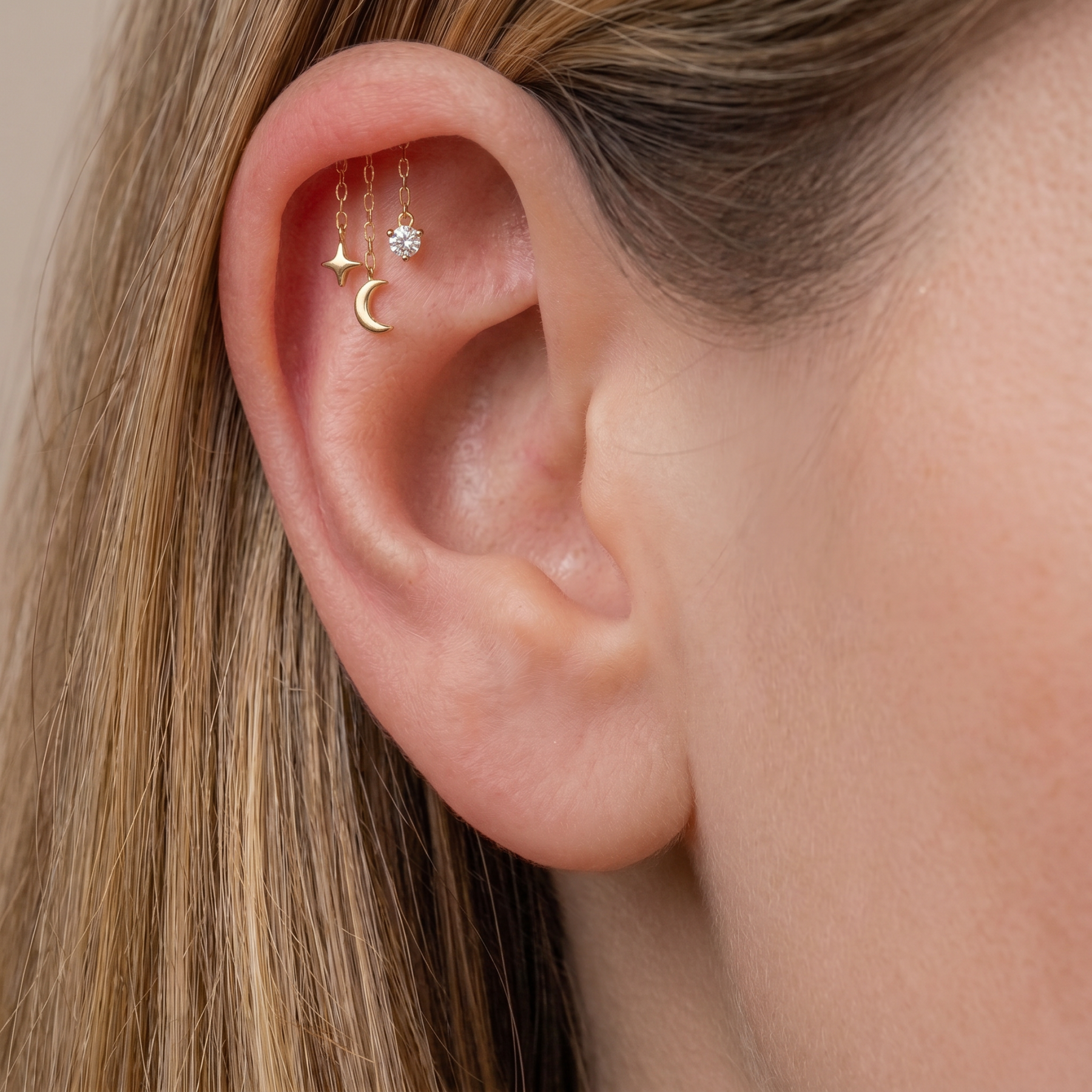 Hidden Chain Moon & Star Flat Back Stud