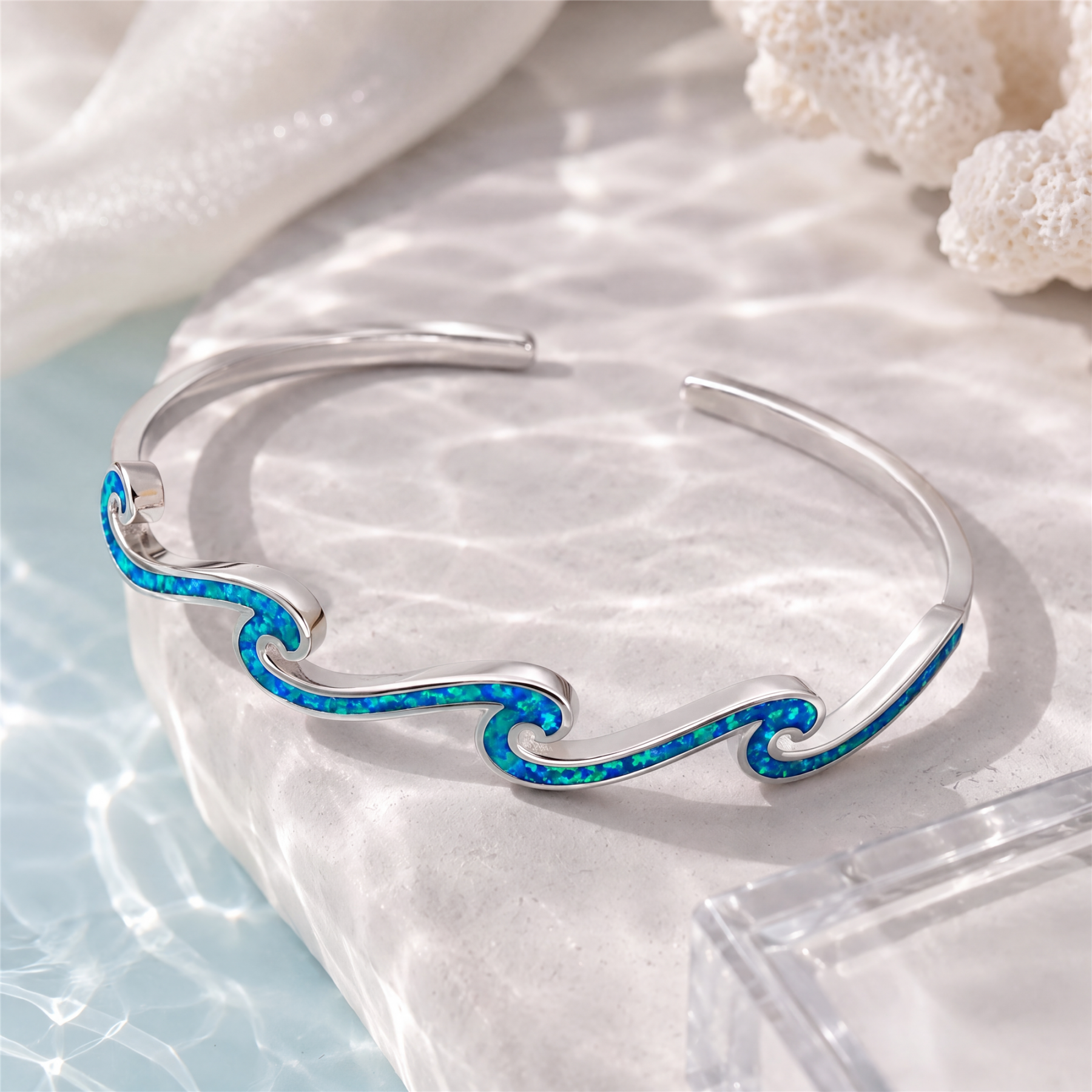 Opal Wave Open Bangle — Ocean Light Around Your Wrist
