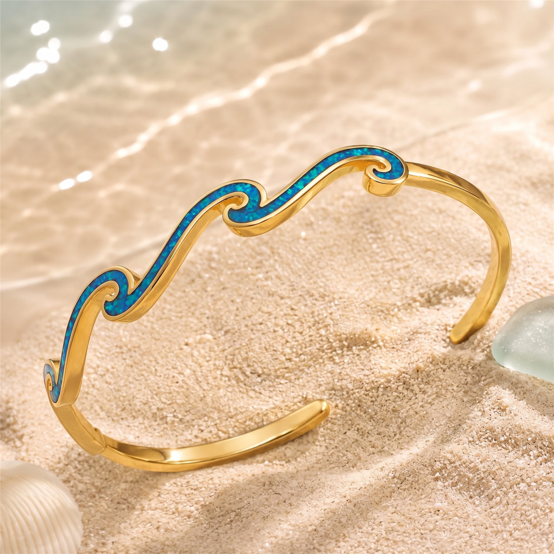 Opal Wave Open Bangle — Ocean Light Around Your Wrist