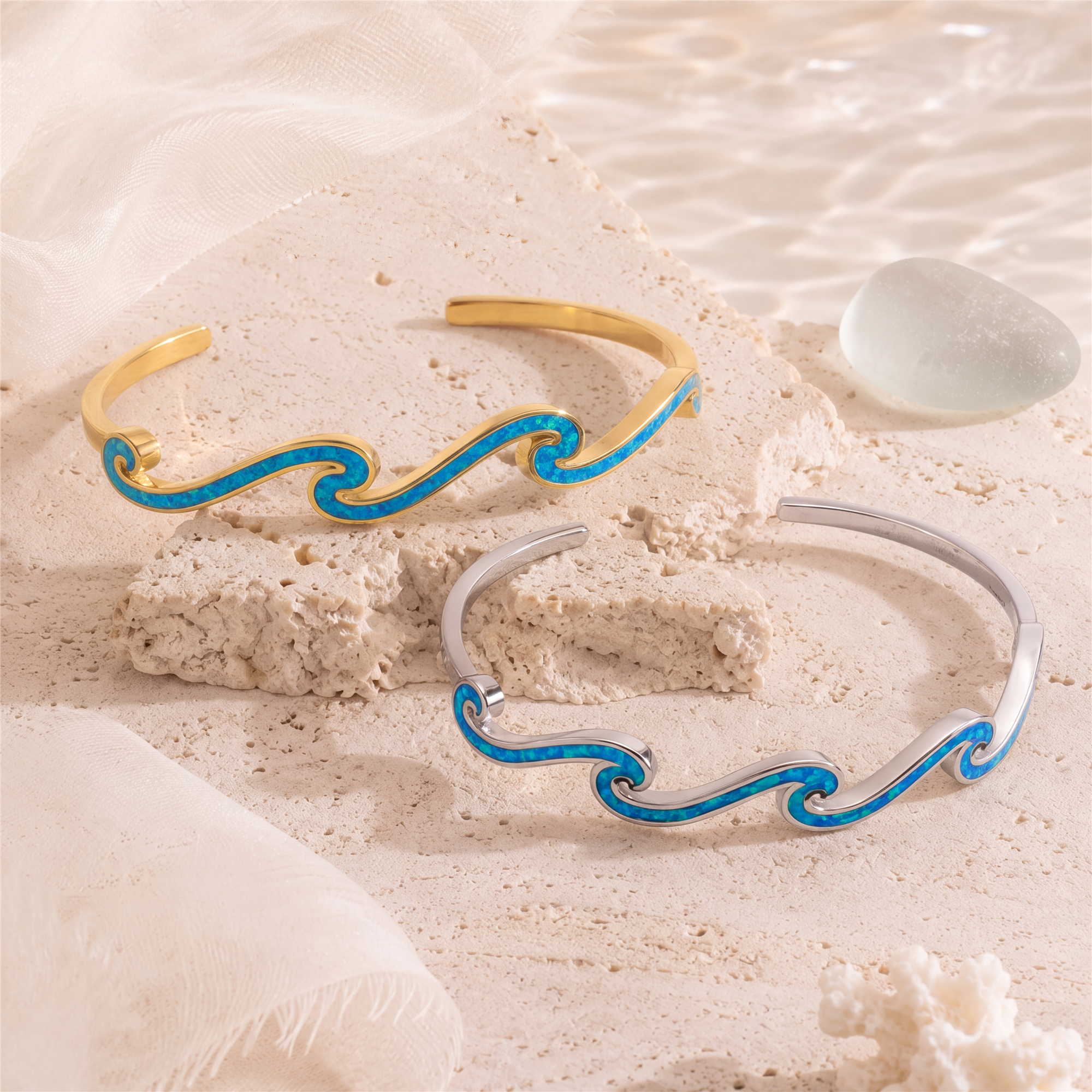Opal Wave Open Bangle — Ocean Light Around Your Wrist