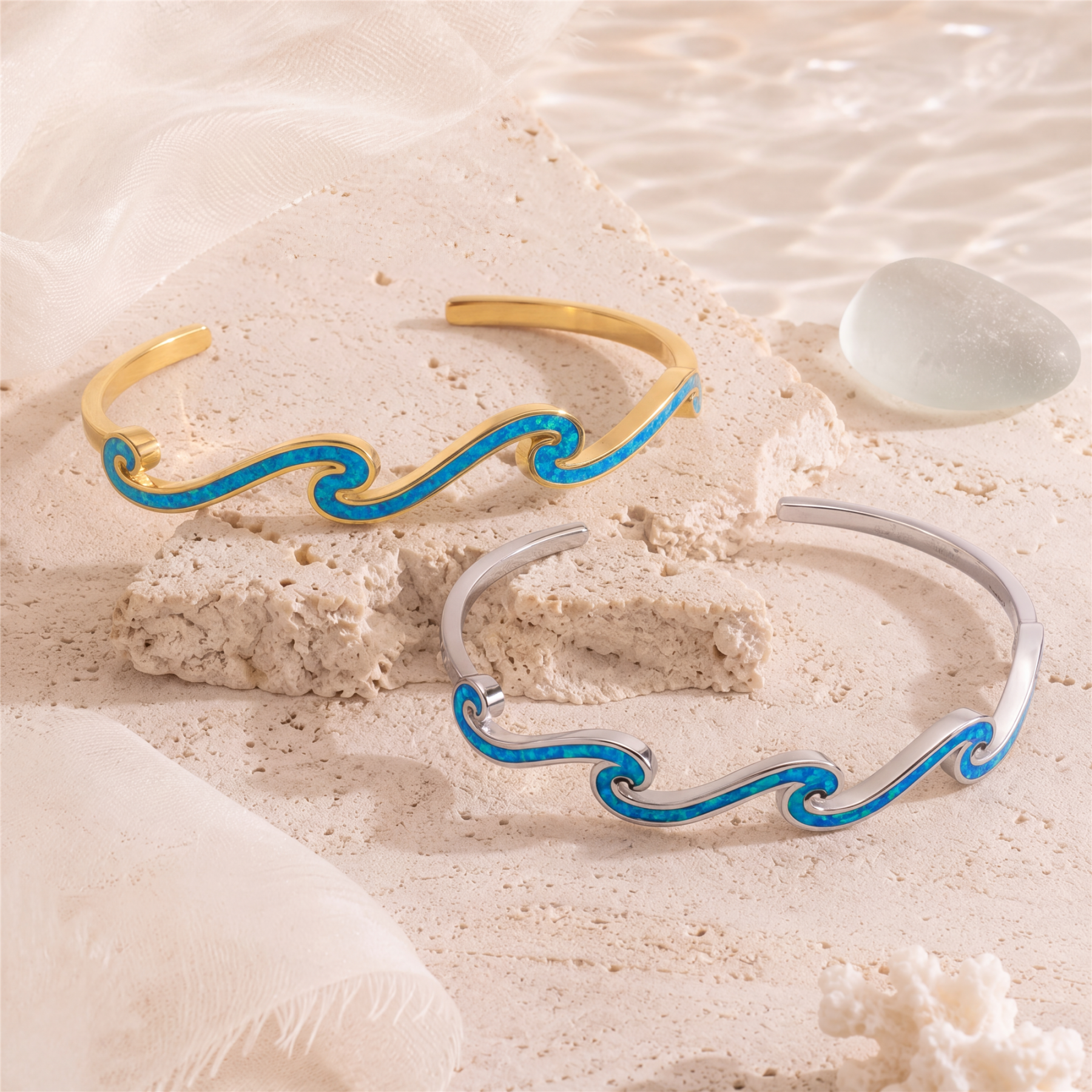 Opal Wave Open Bangle — Ocean Light Around Your Wrist