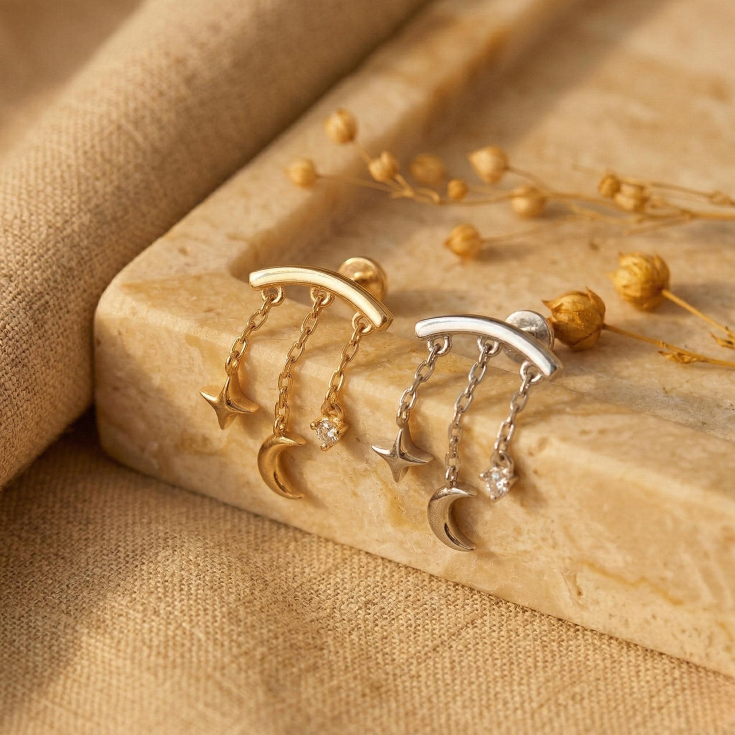 Hidden Chain Moon & Star Flat Back Stud