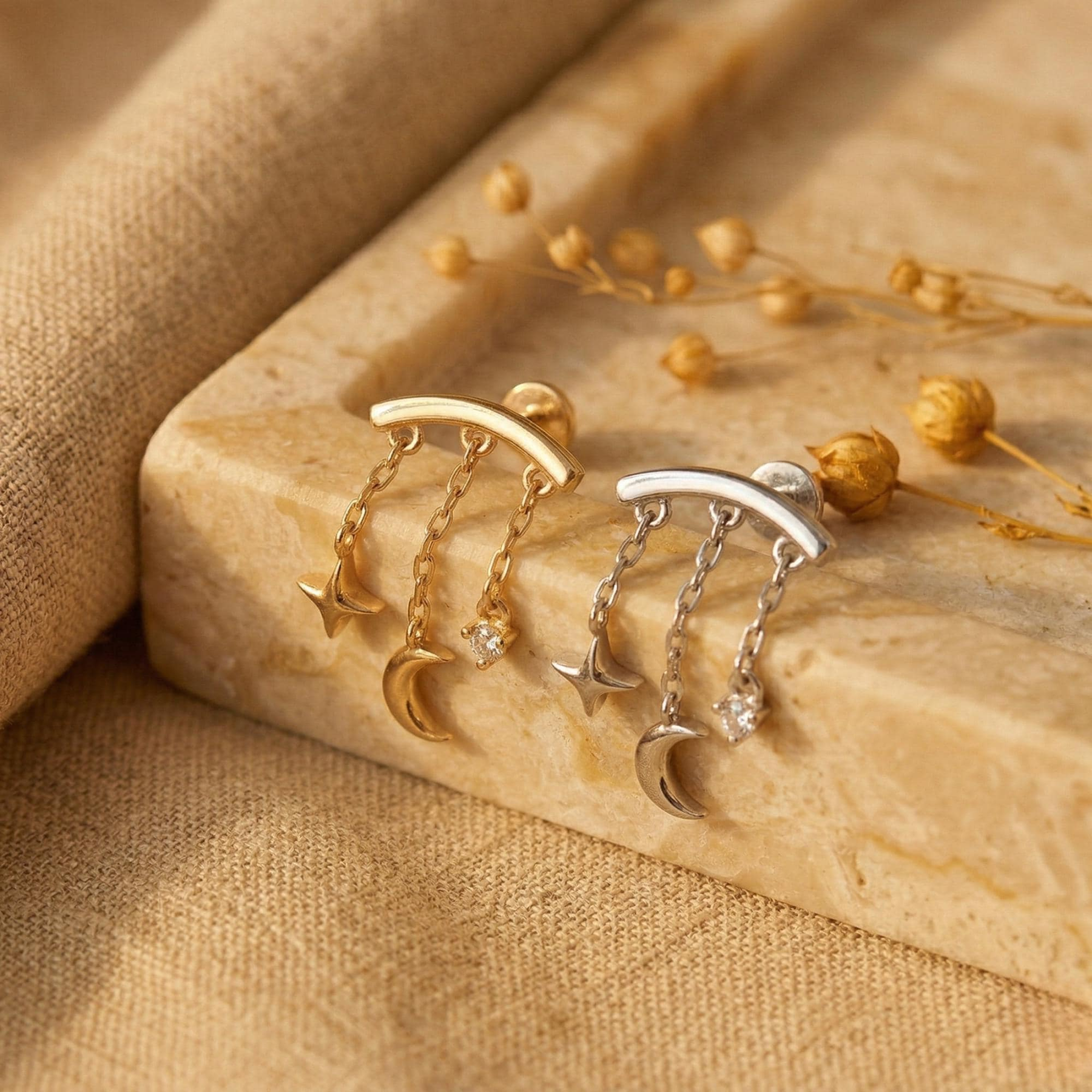 Hidden Chain Moon & Star Flat Back Stud