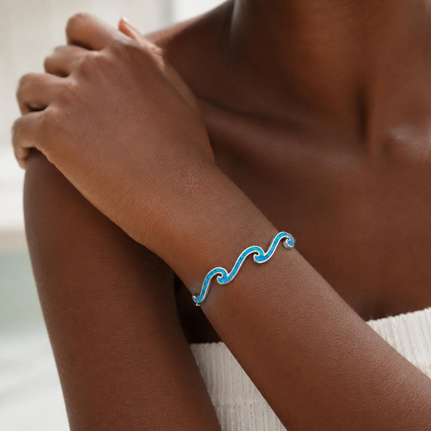 Opal Wave Open Bangle — Ocean Light Around Your Wrist