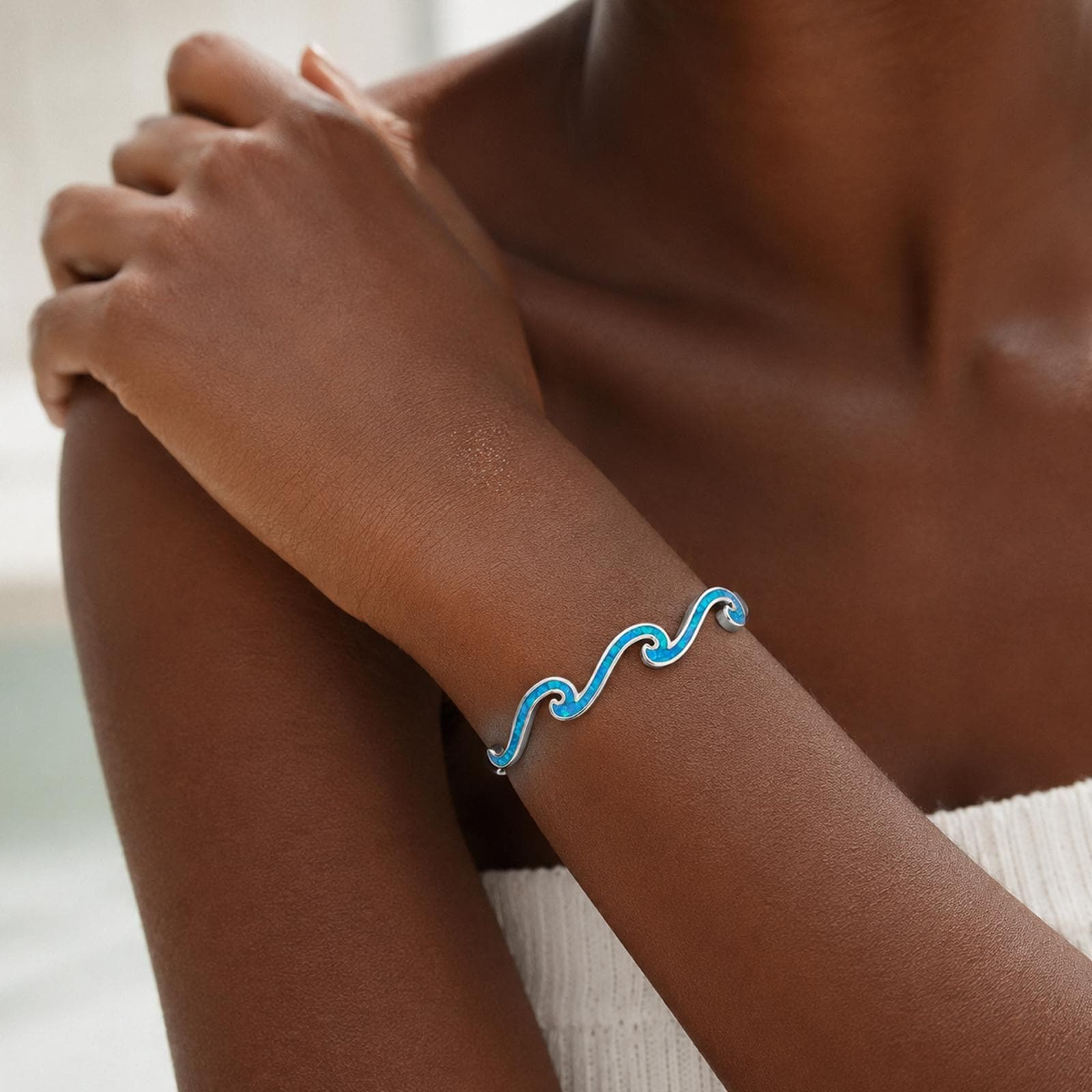 Opal Wave Open Bangle — Ocean Light Around Your Wrist