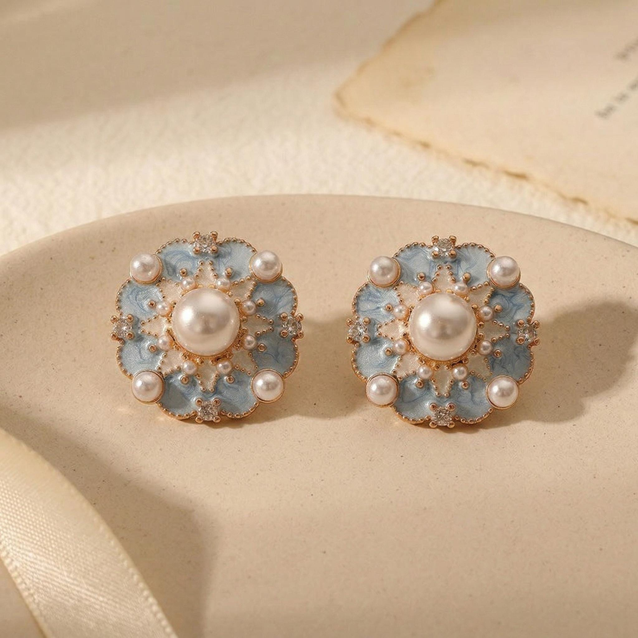 Blue Blossom Pearl Stud Earrings