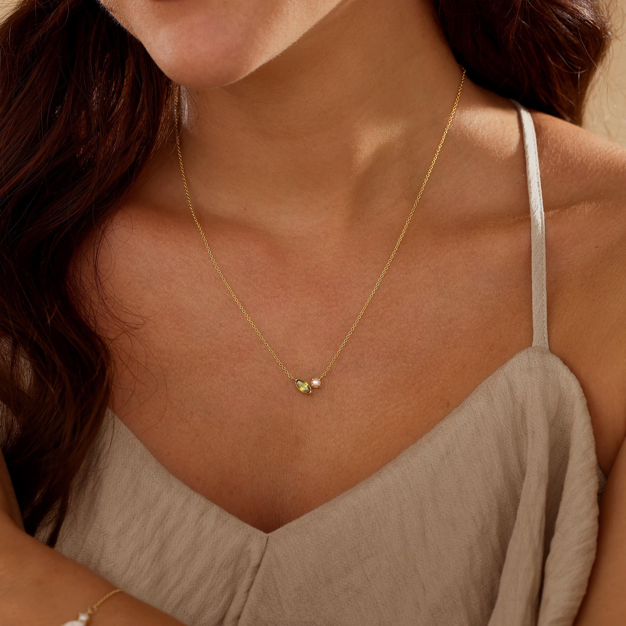 Personalized  Marquise Birthstone & Pearl Necklace — A Little Piece of Your Story