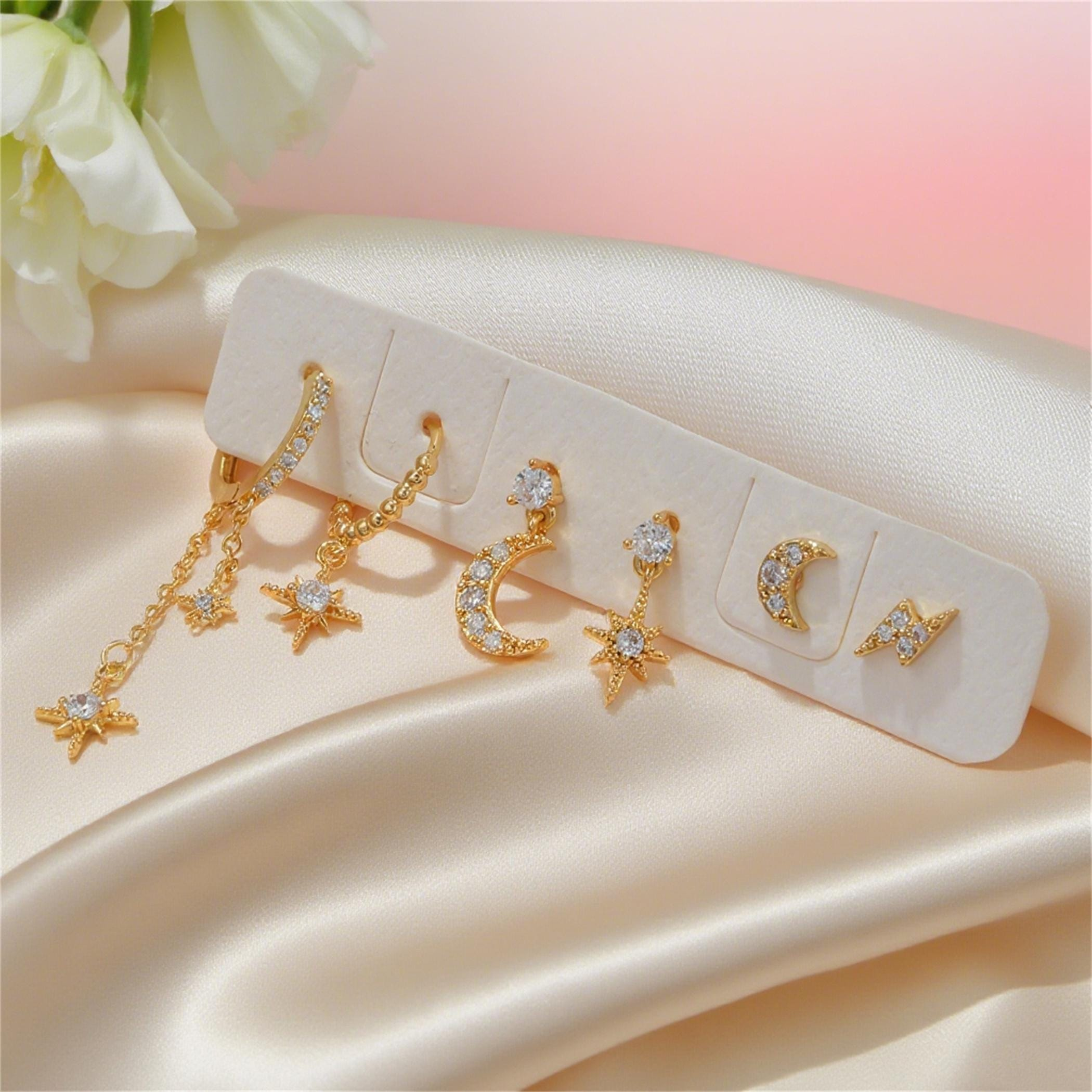 Star and Moon Dangle Earrings Set (6PCS)