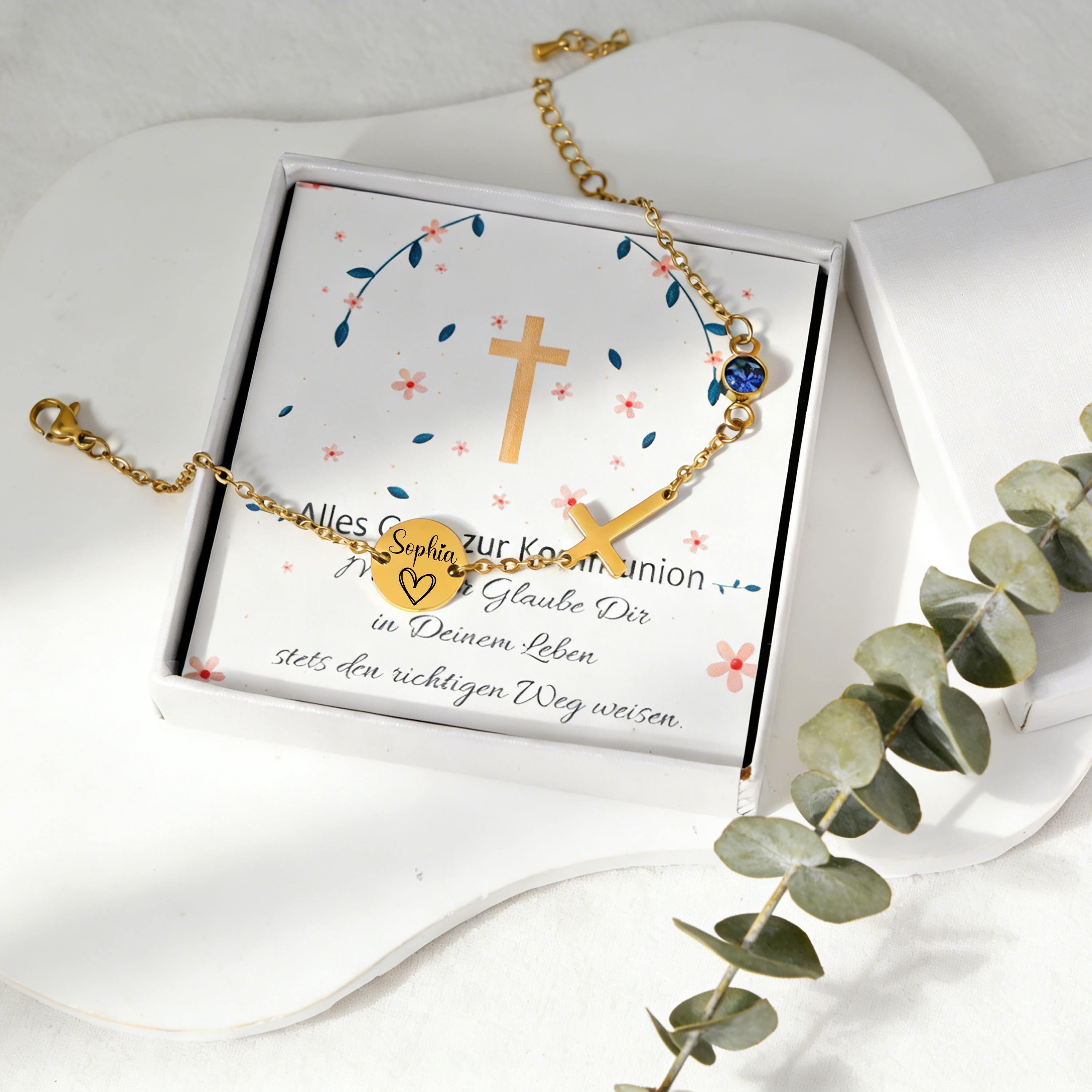 Personalized Engraved Cross & Birthstone Bracelet