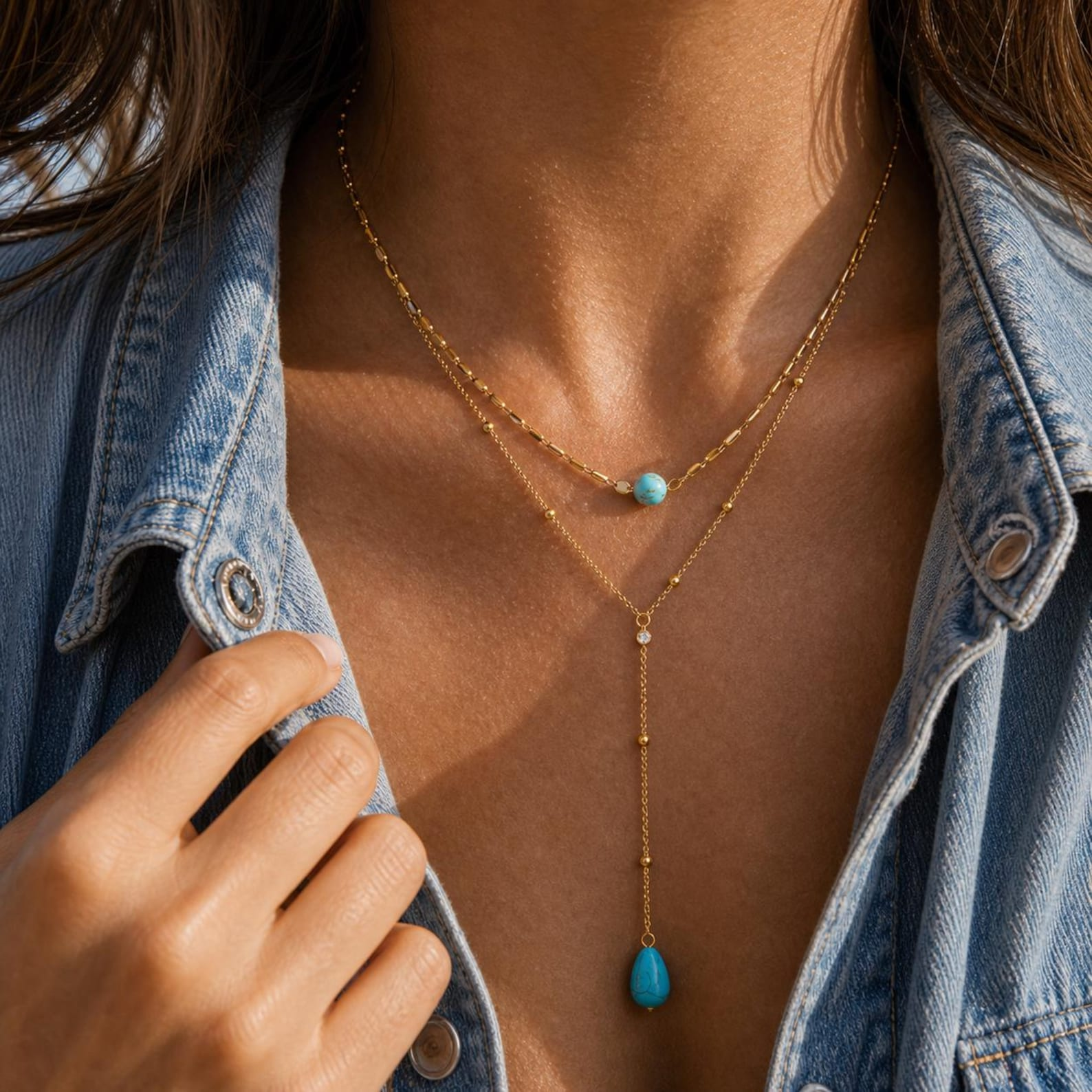 Layered Turquoise Lariat Necklace — Sunlit Layers, Ocean Calm