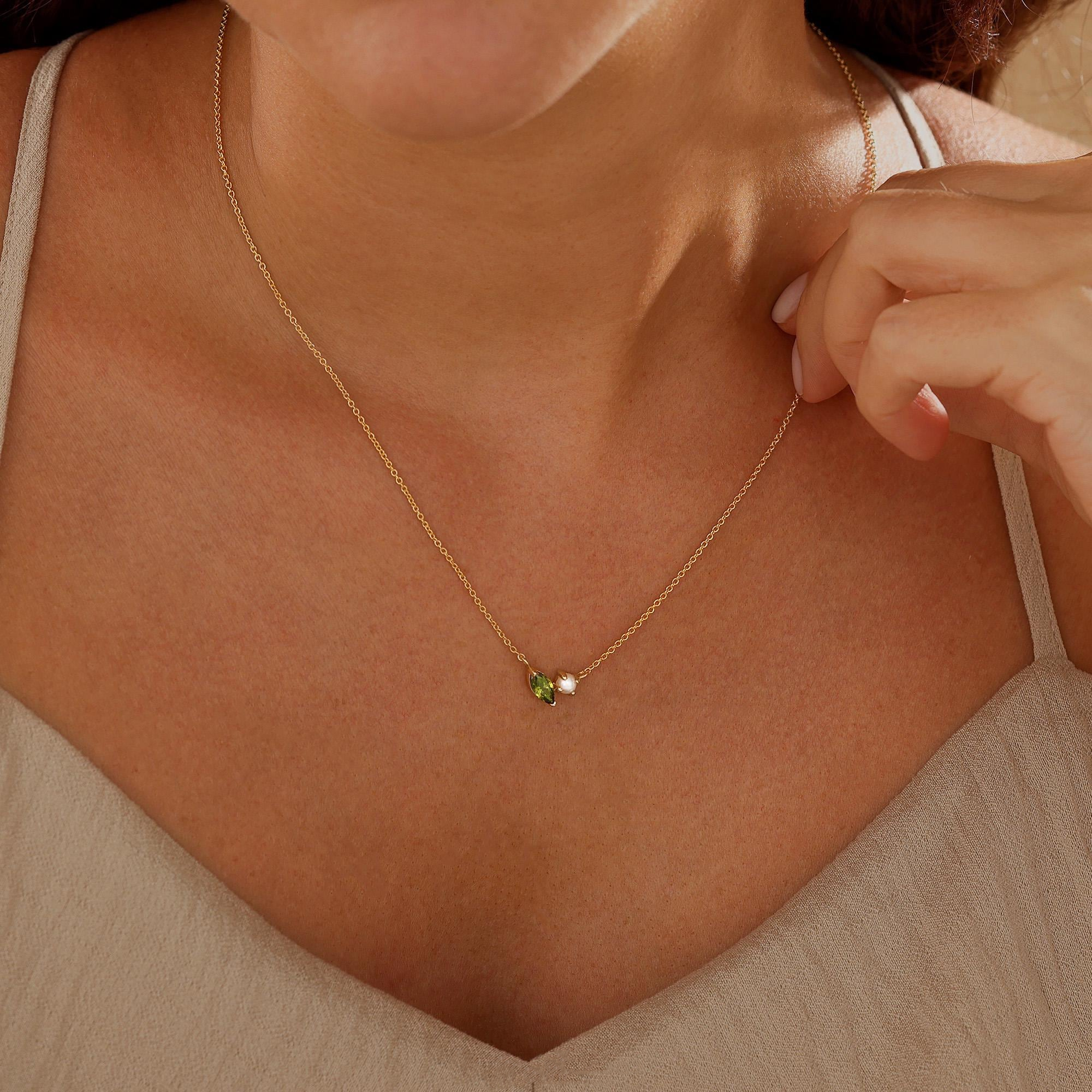 Personalized  Marquise Birthstone & Pearl Necklace — A Little Piece of Your Story