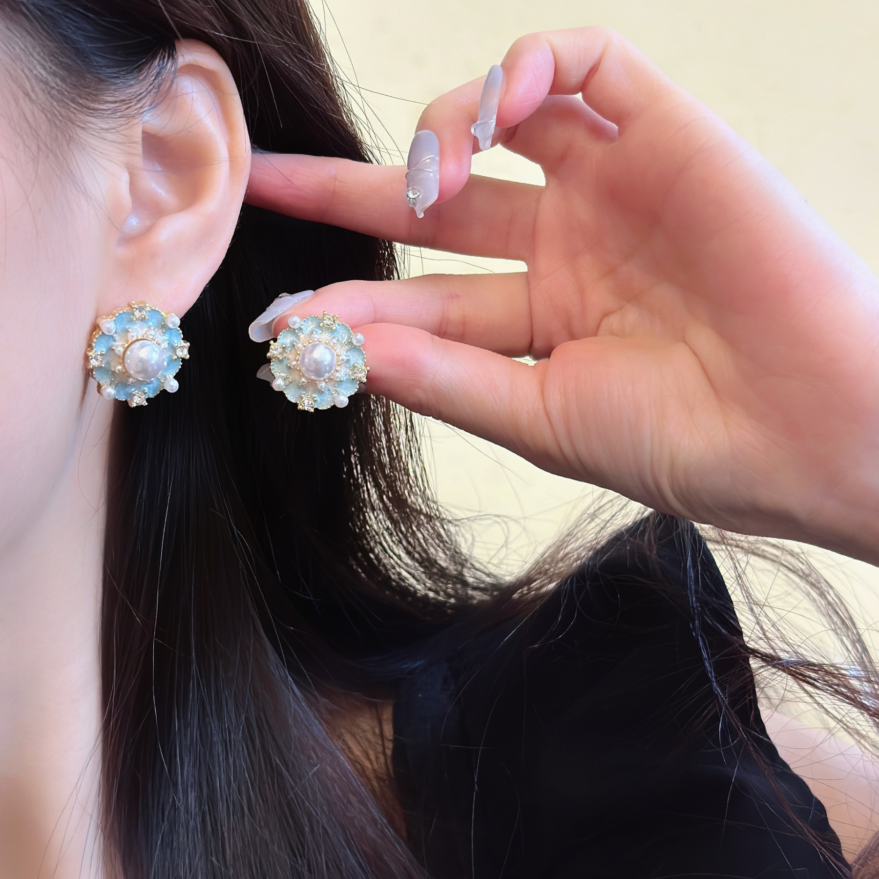Blue Blossom Pearl Stud Earrings