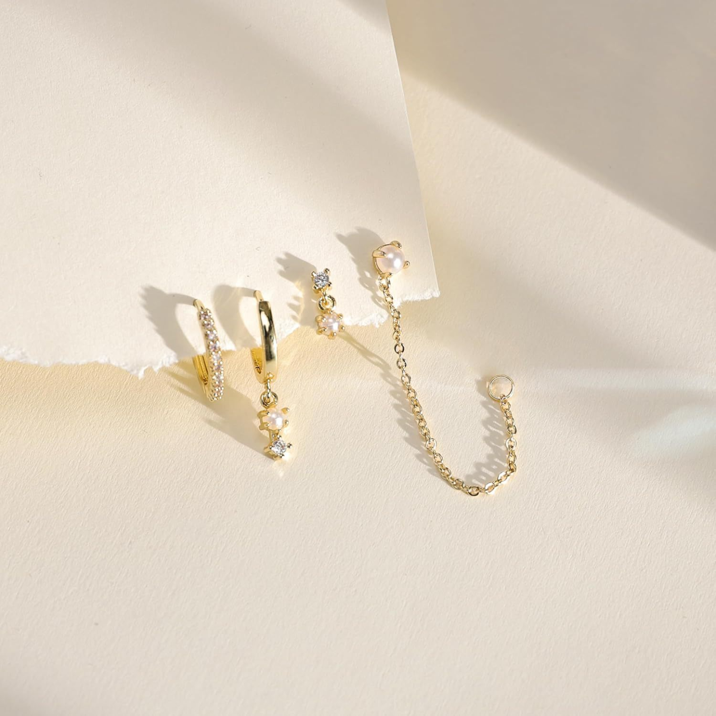 Dainty CZ Hoop & Pearl Chain Ear Stack