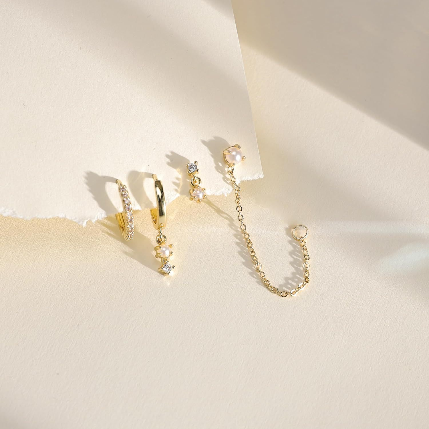 Dainty CZ Hoop & Pearl Chain Ear Stack