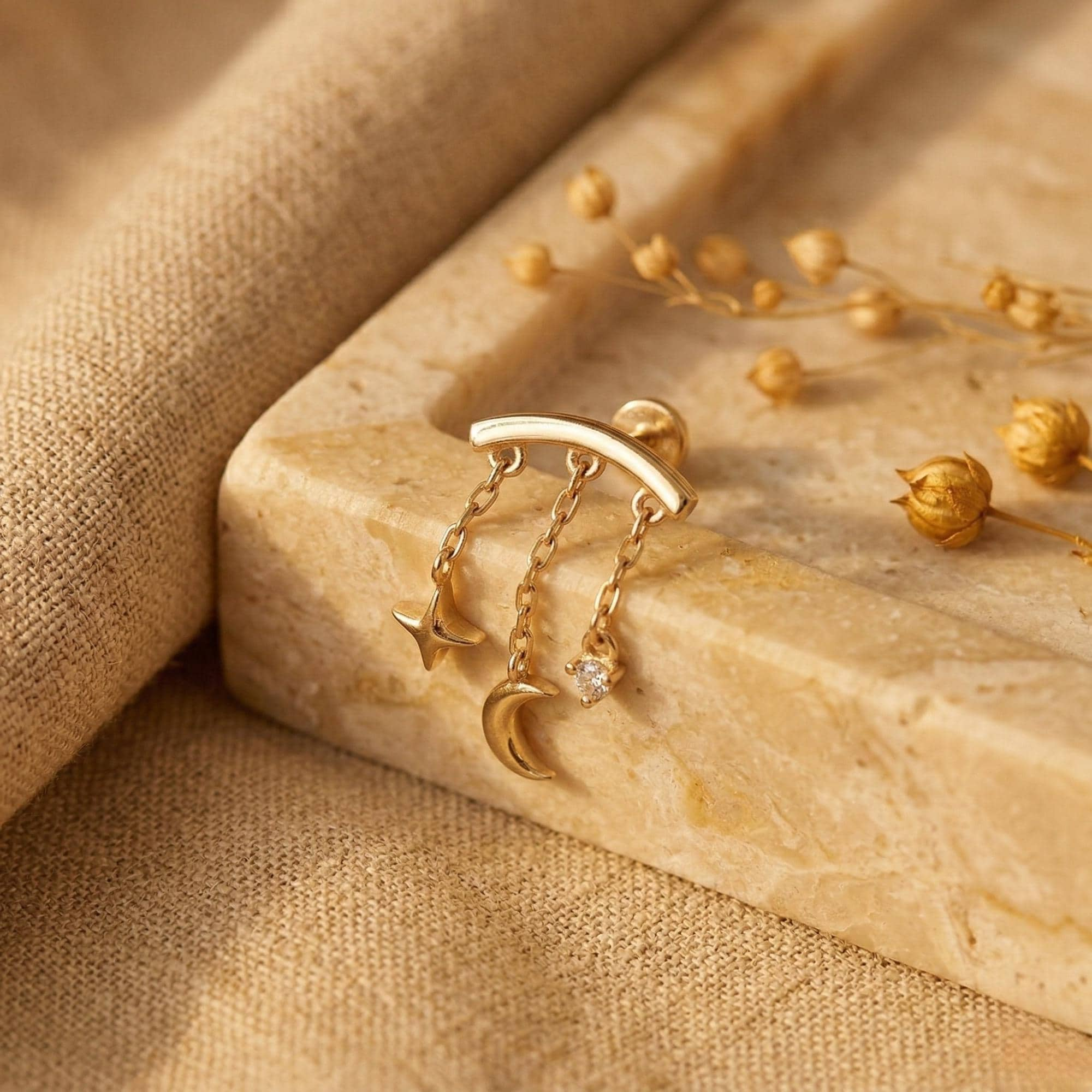 Hidden Chain Moon & Star Flat Back Stud