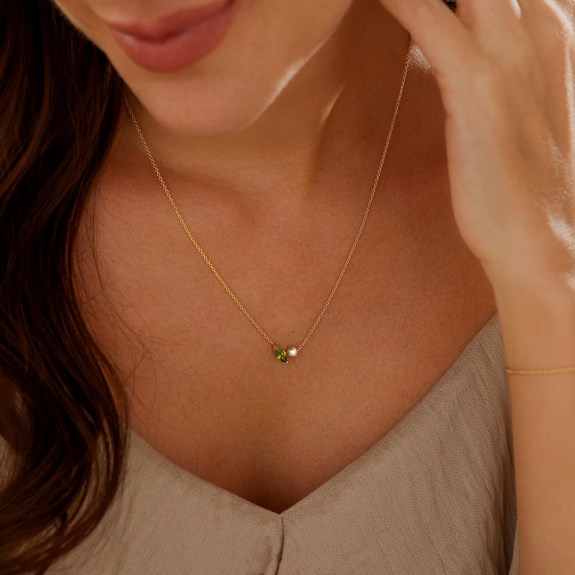Personalized  Marquise Birthstone & Pearl Necklace — A Little Piece of Your Story