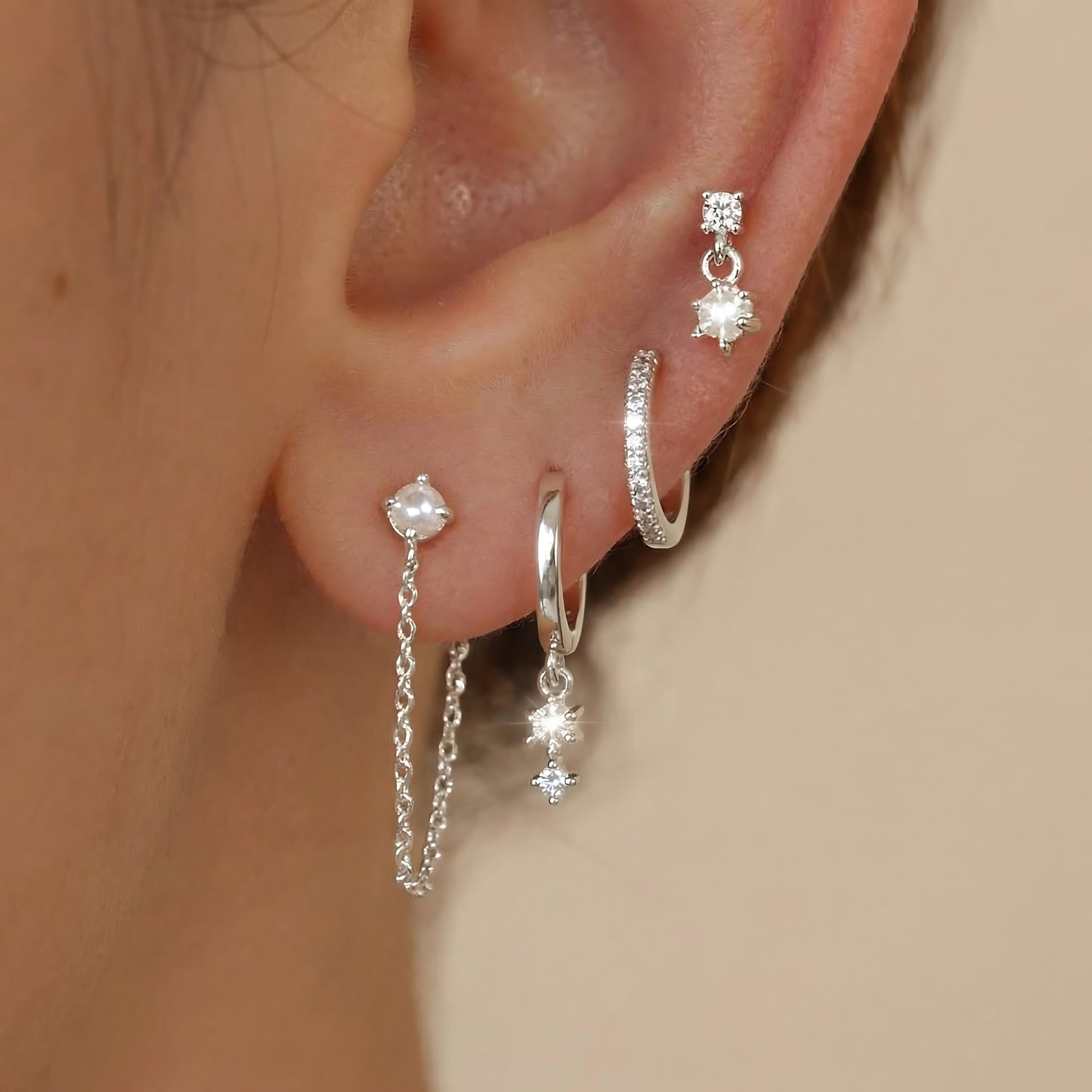 Dainty CZ Hoop & Pearl Chain Ear Stack
