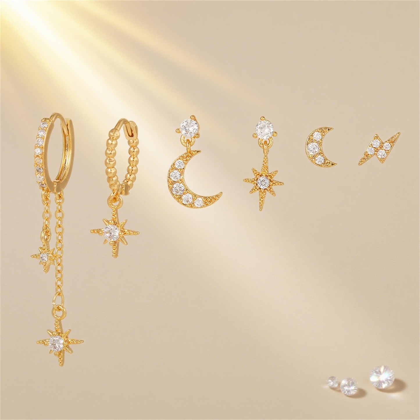 Star and Moon Dangle Earrings Set (6PCS)