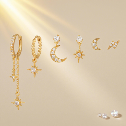 Star and Moon Dangle Earrings Set (6PCS)