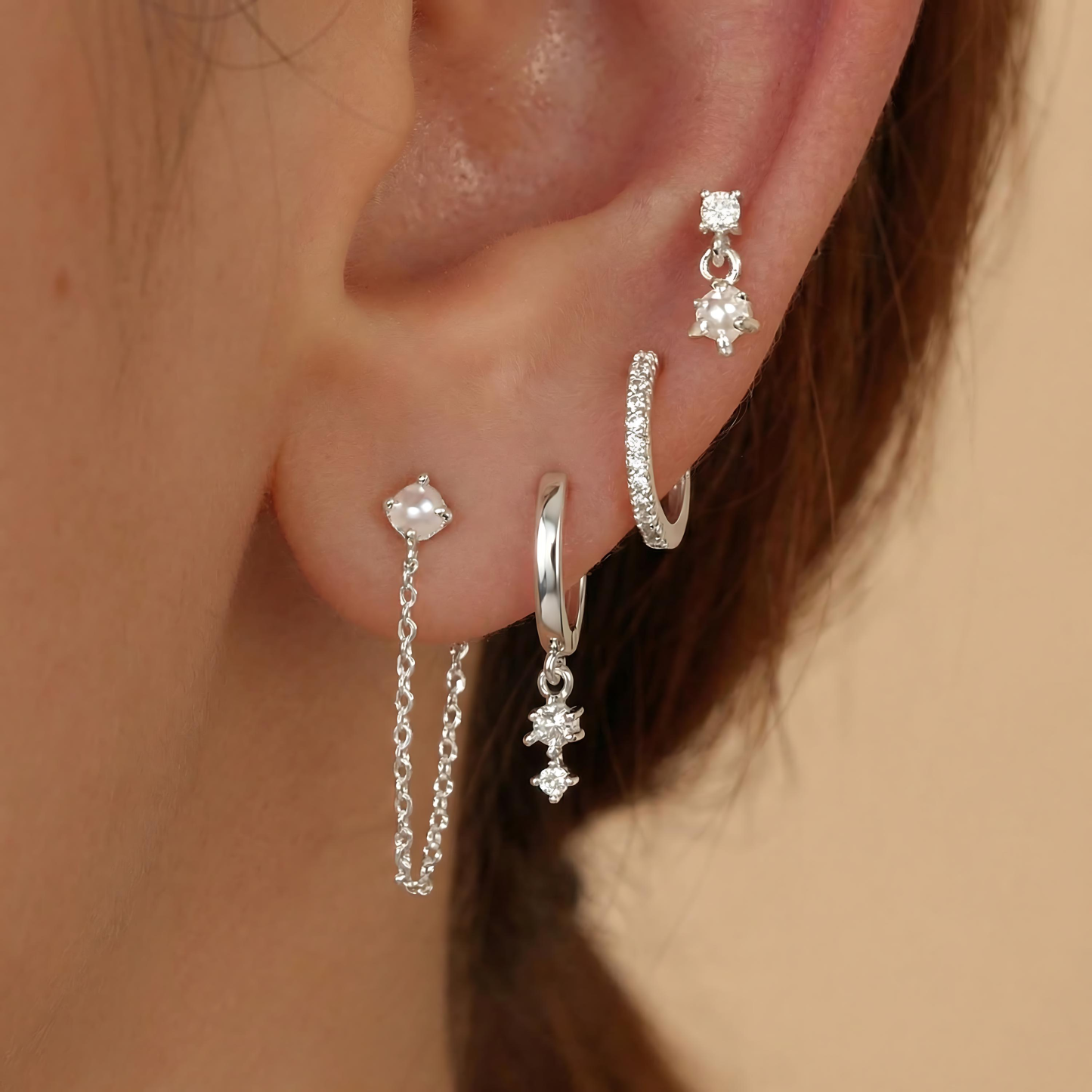Dainty CZ Hoop & Pearl Chain Ear Stack