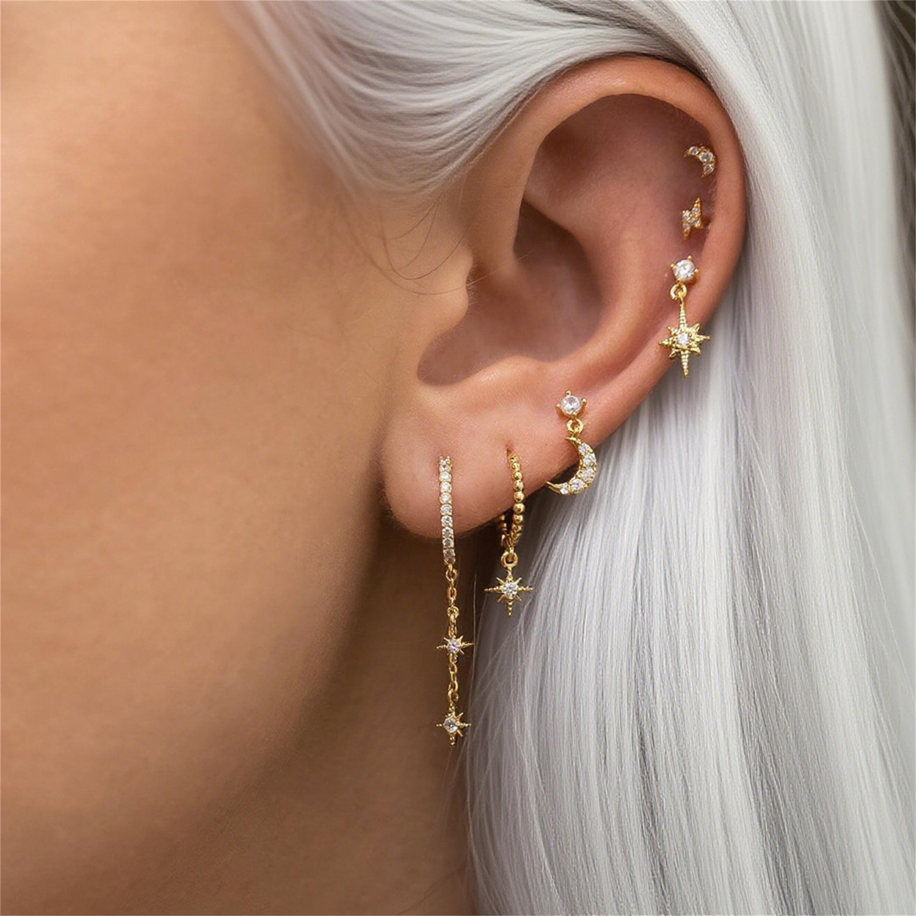 Star and Moon Dangle Earrings Set (6PCS)