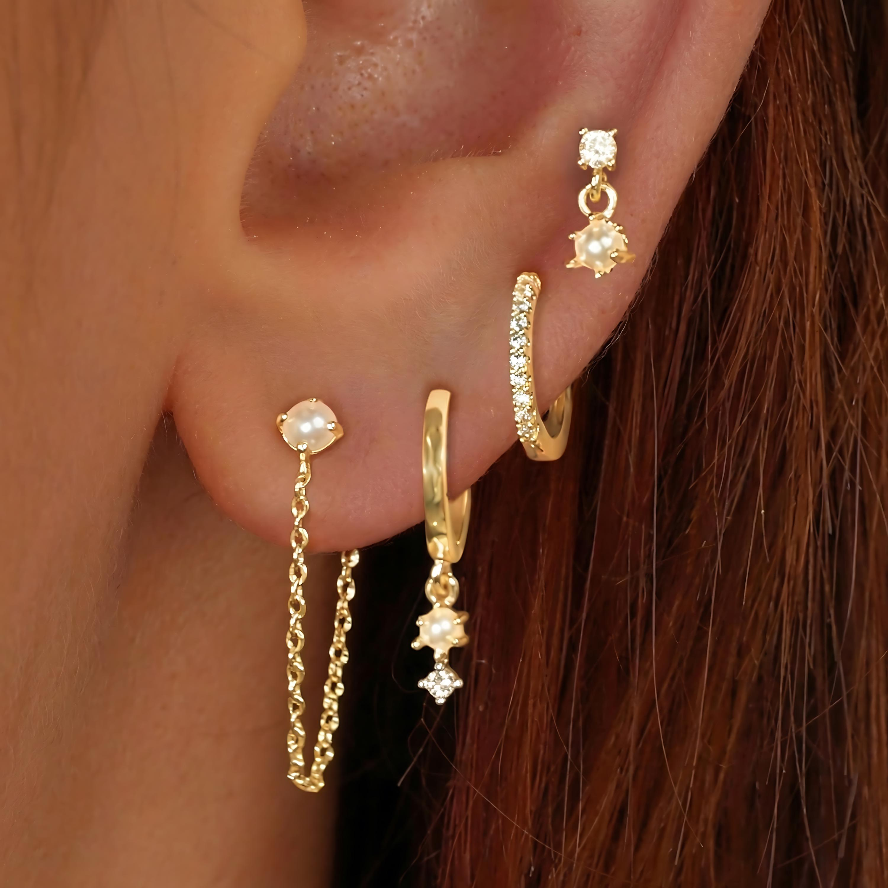 Dainty CZ Hoop & Pearl Chain Ear Stack