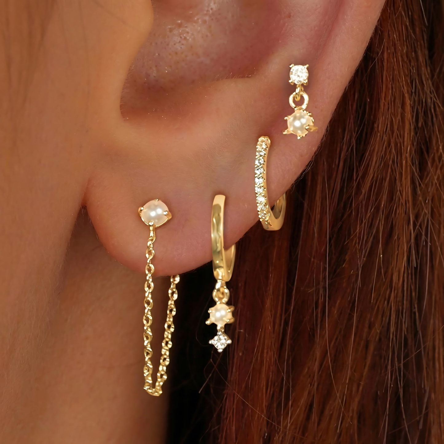 Dainty CZ Hoop & Pearl Chain Ear Stack