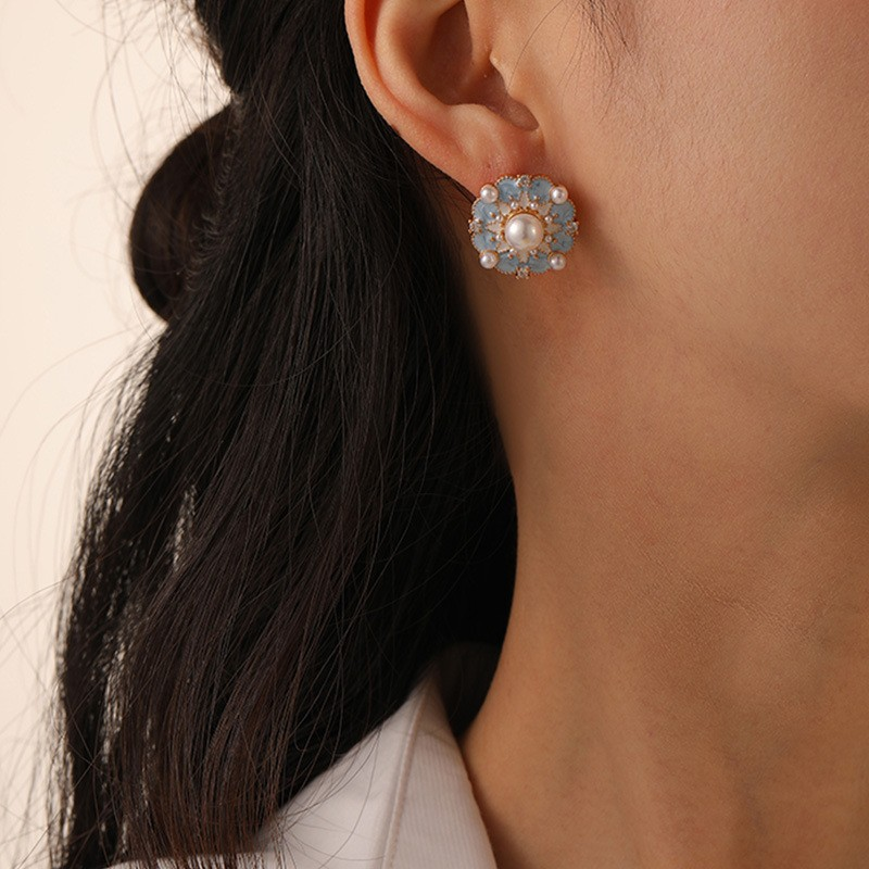 Blue Blossom Pearl Stud Earrings