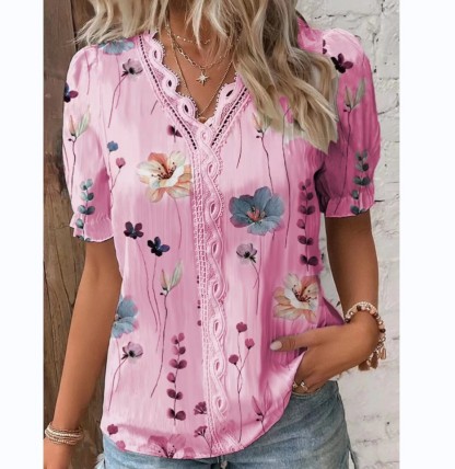 V Neck Plain Lace Elegant Shirt