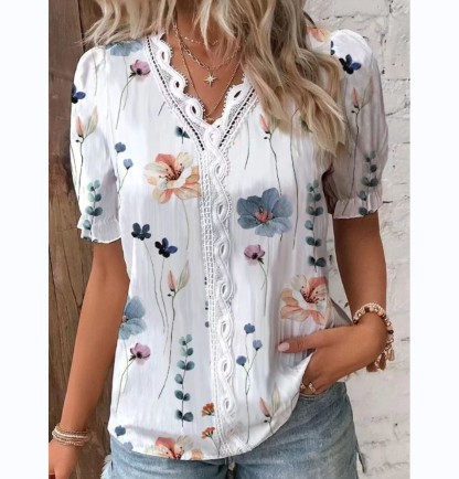 V Neck Plain Lace Elegant Shirt