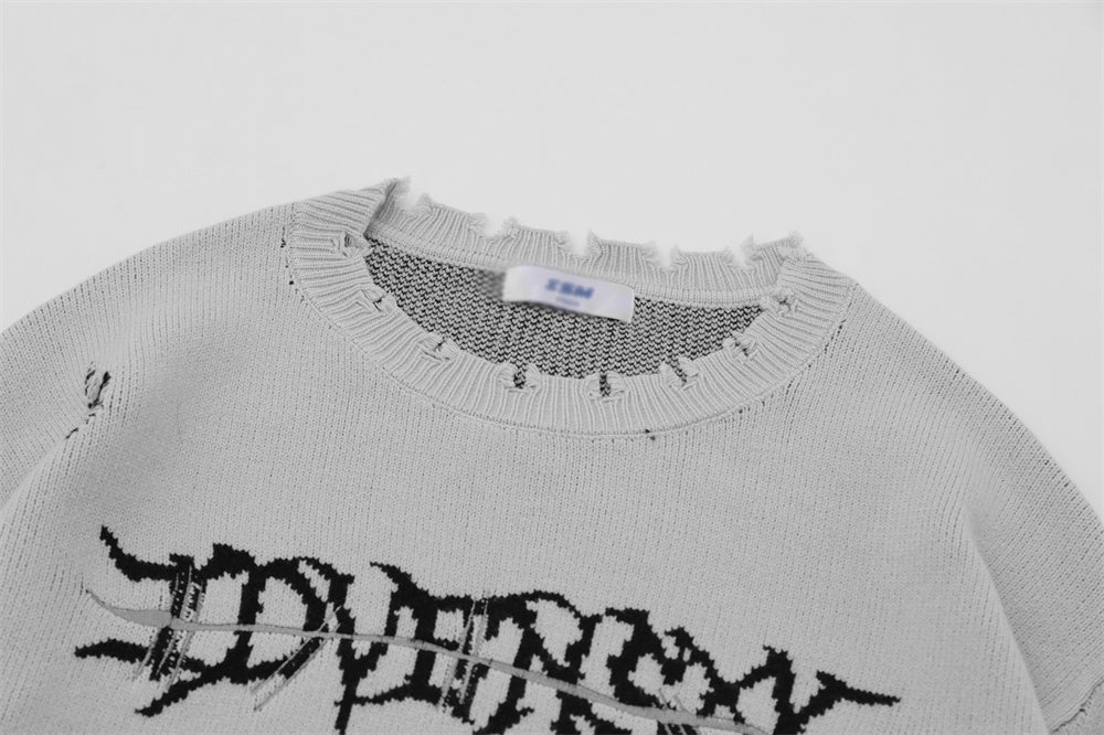 Skull Skeleton Ripped Round Neck Sweater