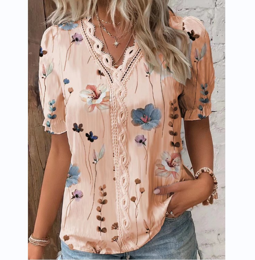 V Neck Plain Lace Elegant Shirt