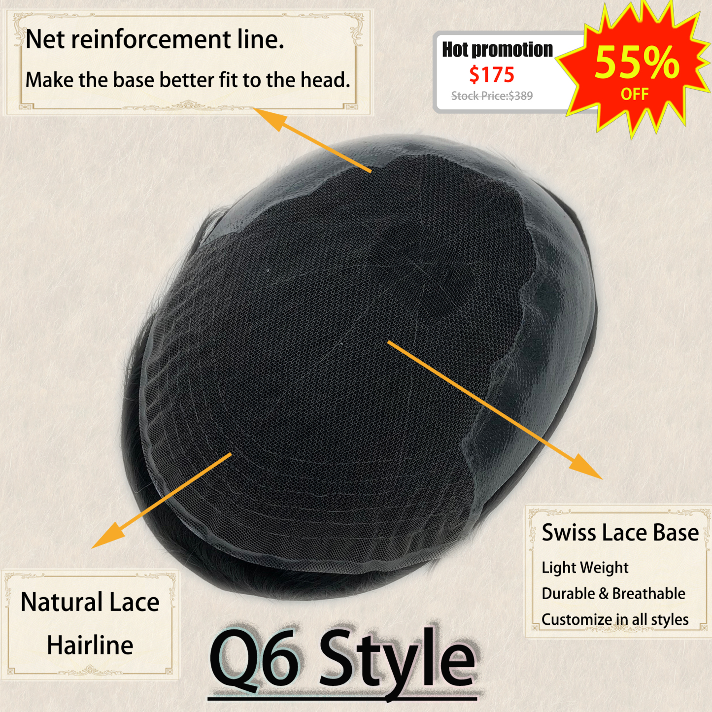 Super Promotion-Q6 Style Men's Hair Replacement System