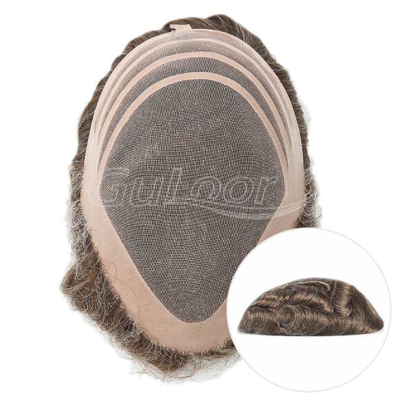 China Manufacture Fine Mono With PU All Around and Lace Front Stock Hairpieces for Men