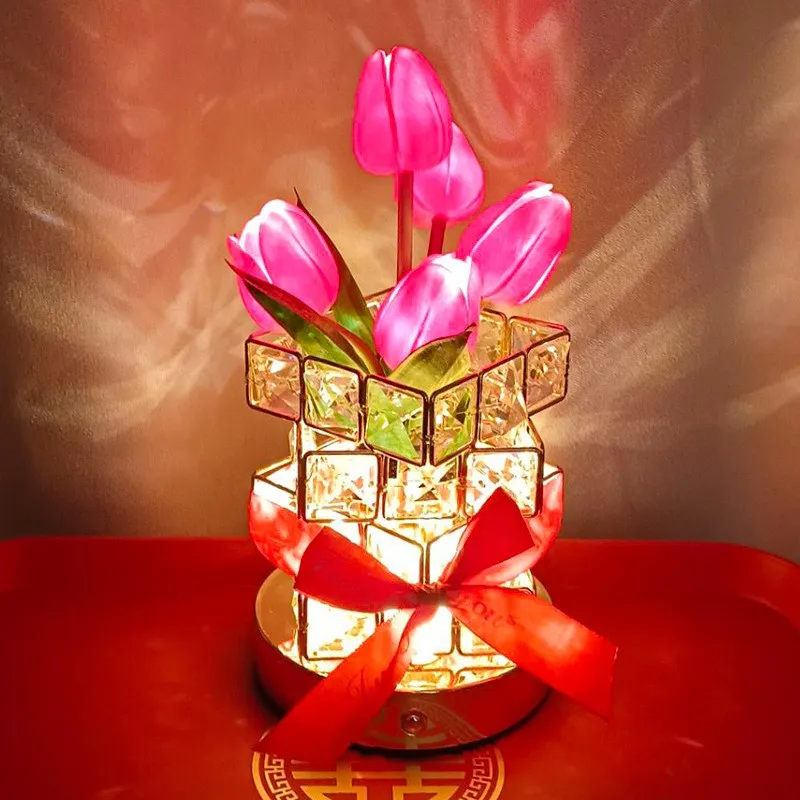 LED Ornament Tulip Cube Crystal Ambiance Lamp Tabletop Decoration Gift Table Light