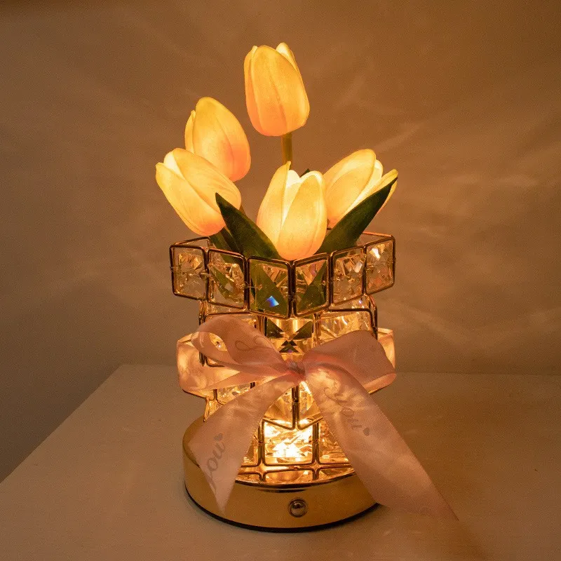 LED Ornament Tulip Cube Crystal Ambiance Lamp Tabletop Decoration Gift Table Light