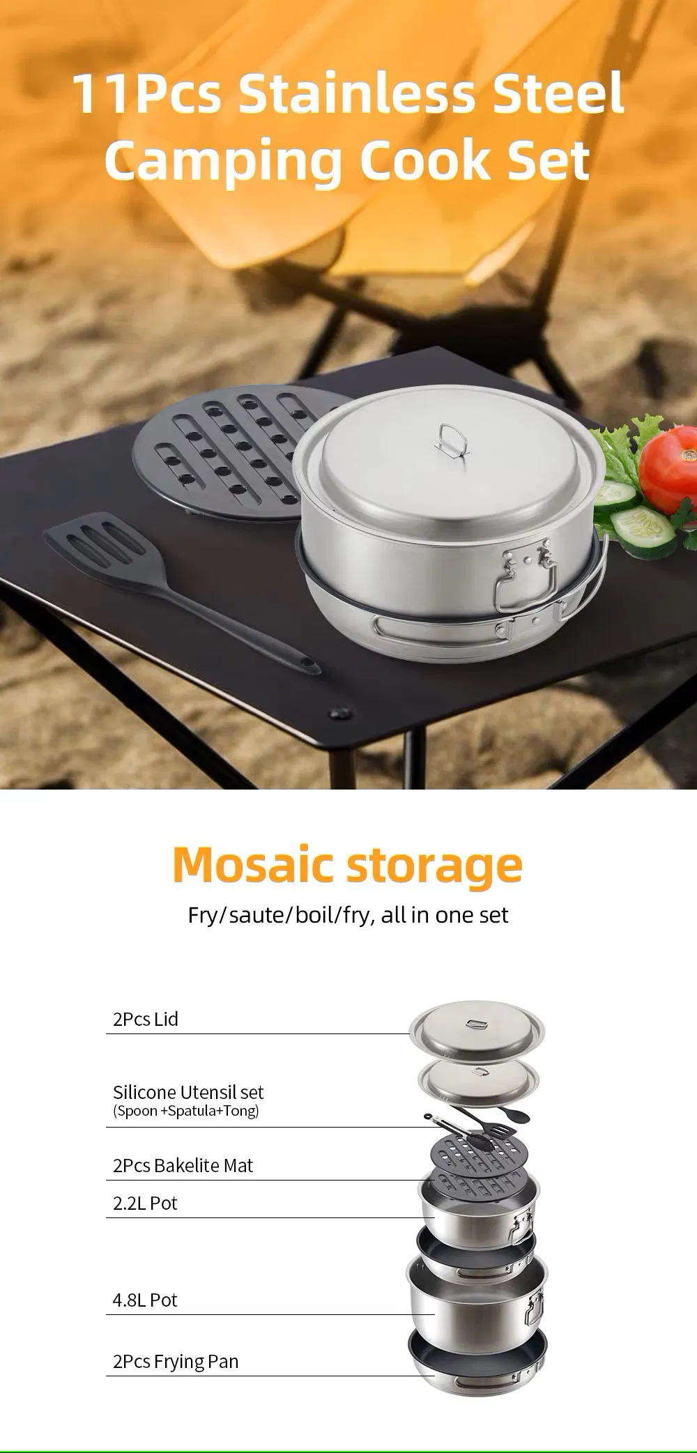 11PCS Stainless Steel Camping Cookware Set with Frying Pan for Picnic Hiking Camping Travel