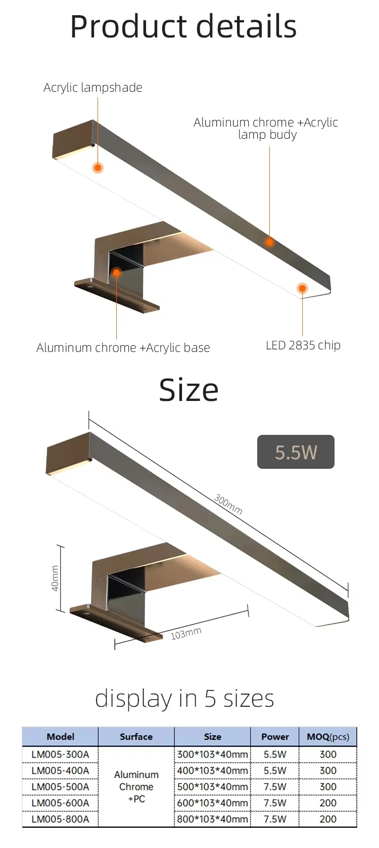 Cabinet Mounted Wall Lamp LED Mirror Light for Bathroom
