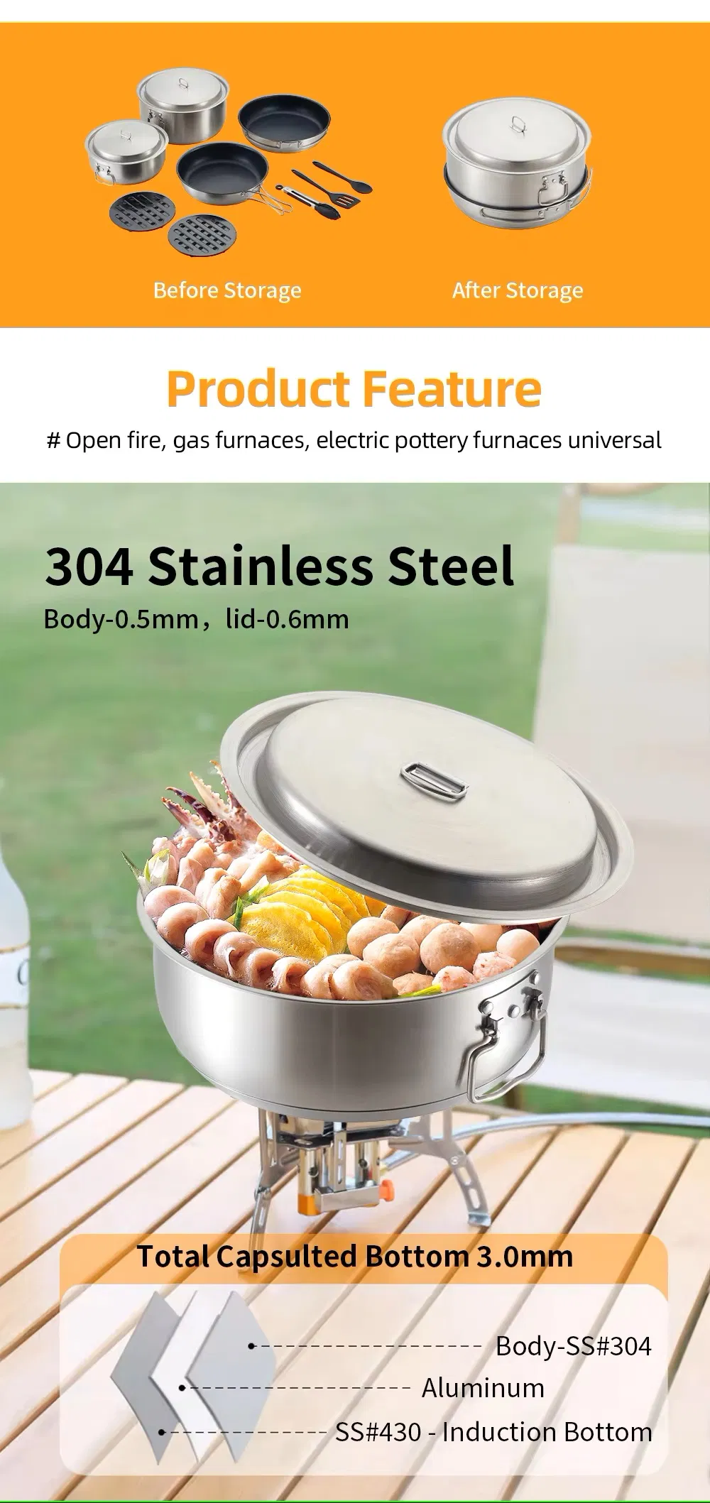 11PCS Stainless Steel Camping Cookware Set with Frying Pan for Picnic Hiking Camping Travel