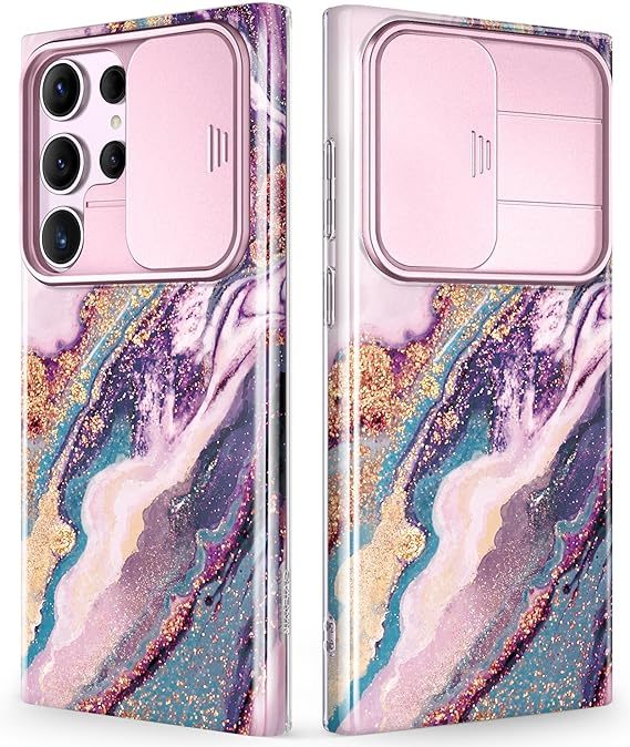 Samsung Galaxy S24 Ultra Case with Slide Camera Cover+Screen Protector, [Military Grade Shockproof] Marble Protective Phone Case for S24 Ultra 5G 6.8"