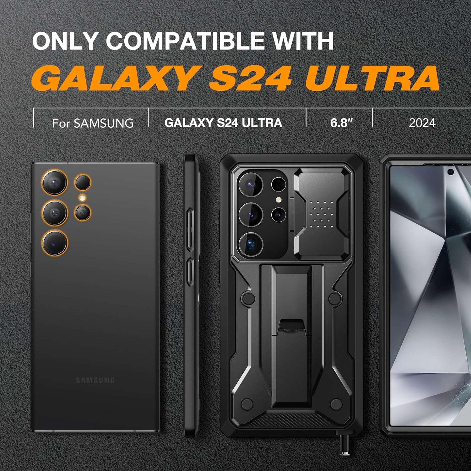 Samsung Galaxy S24 Ultra Case, [Bulit-in Screen Protector & Slide Camera Cover] [2 Front Frame] Military Grade Shockproof Phone Case with Kickstand & Belt-Clip 6.8"