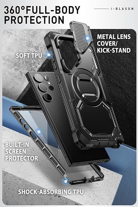 Samsung Galaxy S24 Ultra Case with Camera Cover Stand, [S Pen & Wireless Charging Compatible] Full-Body Rugged Protective Case with Built-in Screen Protector & Kickstand