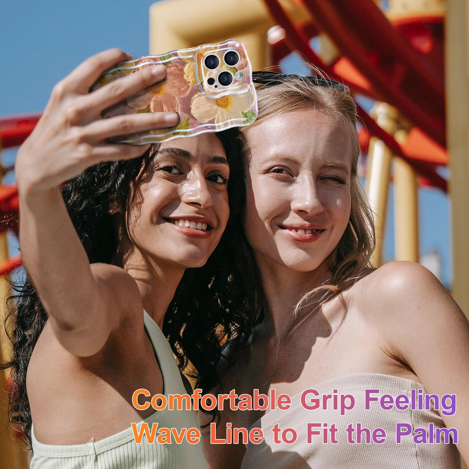 Wellemp Case for iPhone 15 Pro Max, Colorful Retro Oil Painting Printed Flower Laser Glossy Pattern Cute Curly Wave Edge Exquisite Phone Cover Stylish Durable TPU Protective Case for Girls Women