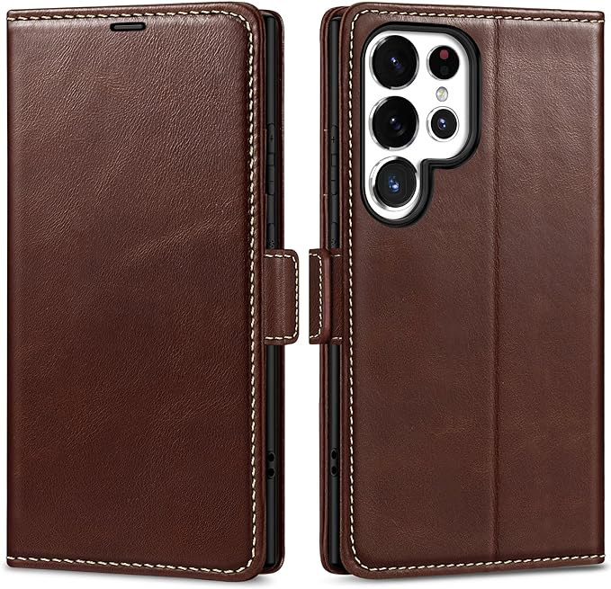 Phone case for Galaxy S24 Ultra 5G 6.8", Genuine Leather S24 Ultra Wallet Folio Case Magnetic Closure RFID Blocking Card Slot Kickstand Protective Case Compatible with Galaxy S24 Ultra 2024