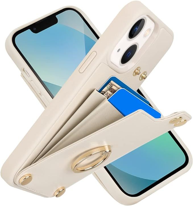 LAMEEKU Wallet Case Compatible with iPhone 14, Case with Card Holder, RFID Blocking Leather Cover 360°Rotation Ring Kickstand Protective Bumper Designed for Apple iPhone 14 6.1'' (2022) Beige