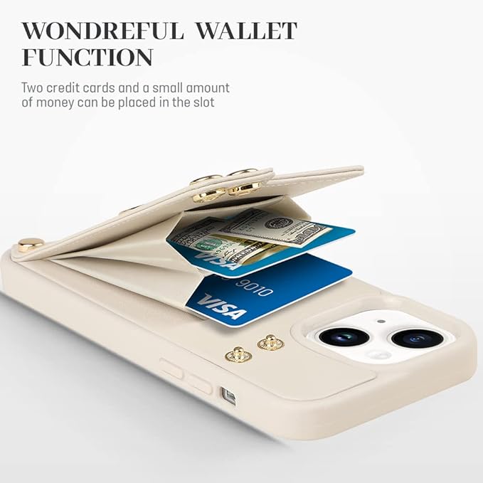 LAMEEKU Wallet Case Compatible with iPhone 14, Case with Card Holder, RFID Blocking Leather Cover 360°Rotation Ring Kickstand Protective Bumper Designed for Apple iPhone 14 6.1'' (2022) Beige