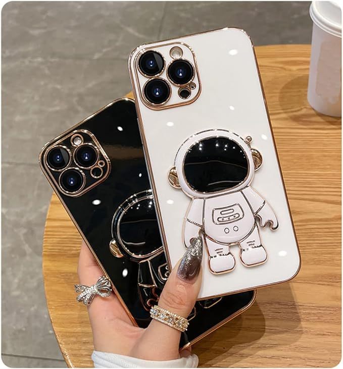 AIGOMARA 6D Plating Astronaut Hidden Stand Case Cover for iPhone 13 Pro Max Women Astronaut Folding Bracket Kickstand iPhone Case with Camera Protector Soft TPU Shockproof Bumper 6.7 Inch - Pink