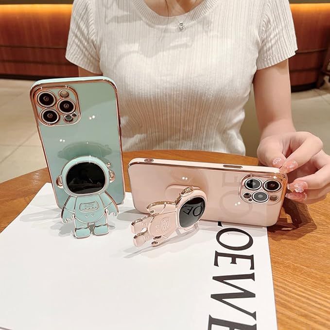 AIGOMARA 6D Plating Astronaut Hidden Stand Case Cover for iPhone 13 Pro Max Women Astronaut Folding Bracket Kickstand iPhone Case with Camera Protector Soft TPU Shockproof Bumper 6.7 Inch - Pink