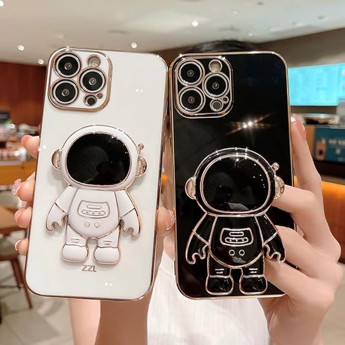 AIGOMARA 6D Plating Astronaut Hidden Stand Case Cover for iPhone 13 Pro Max Women Astronaut Folding Bracket Kickstand iPhone Case with Camera Protector Soft TPU Shockproof Bumper 6.7 Inch - Pink